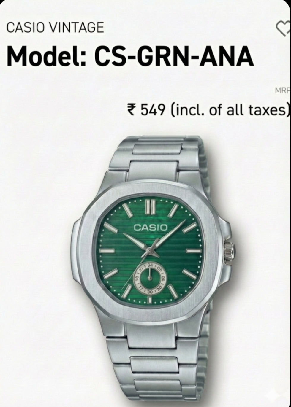 Classic Analog Silver Watch - Green Dial Edition