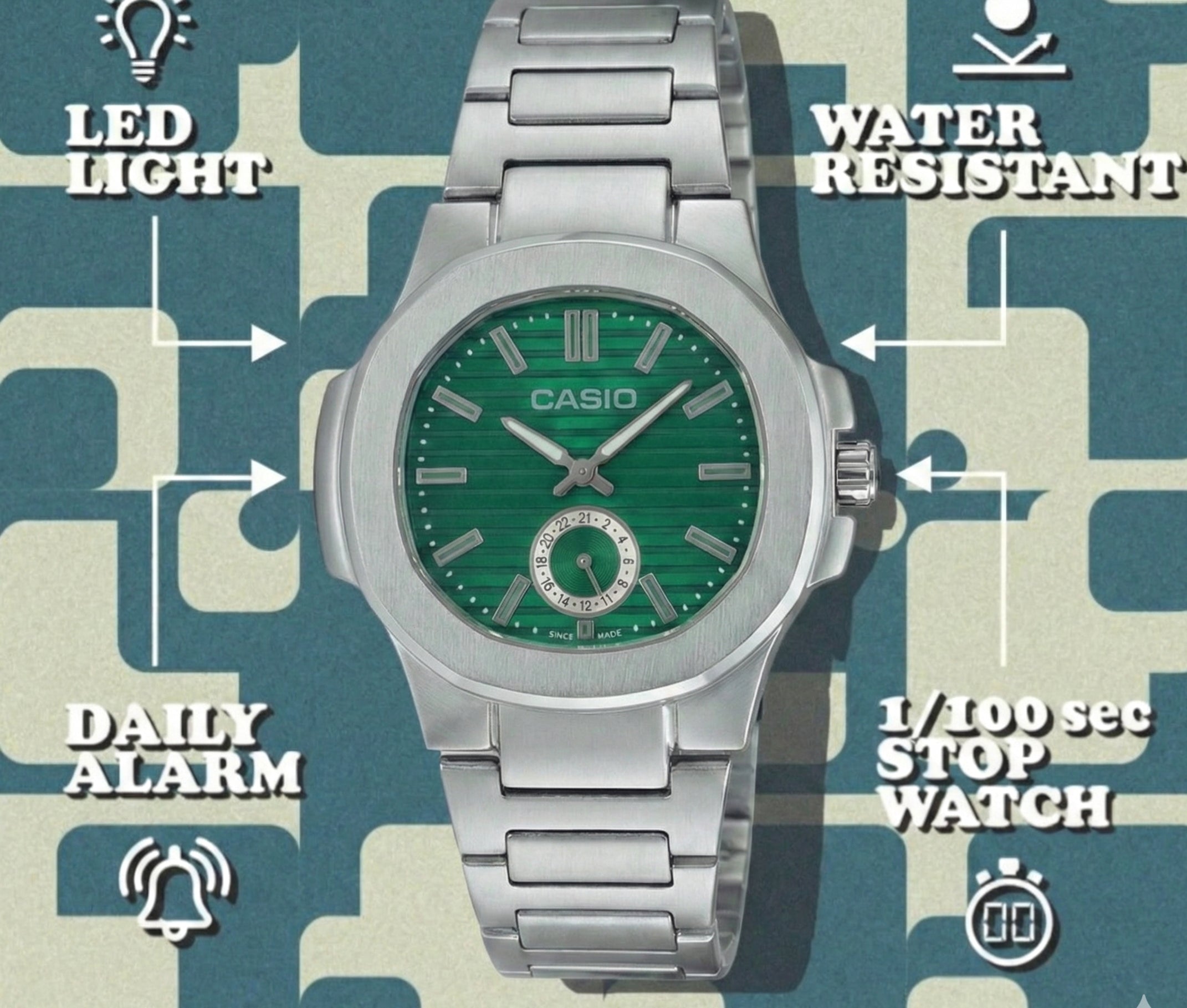 Classic Analog Silver Watch - Green Dial Edition